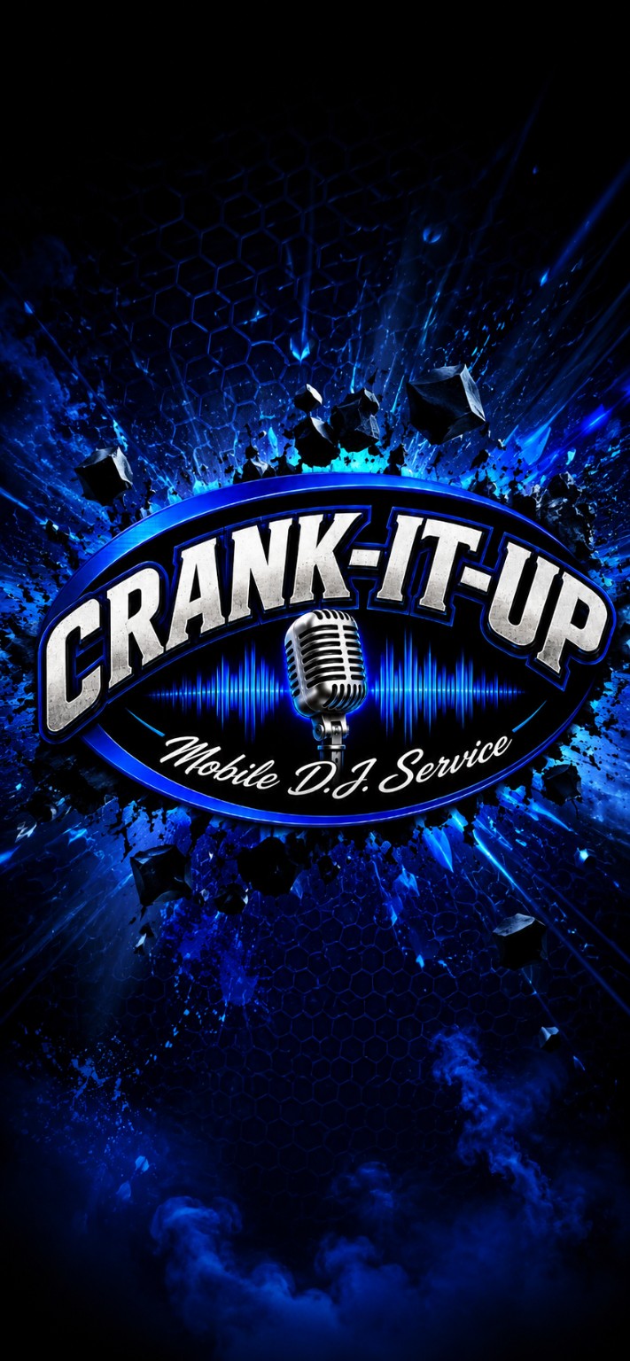 CRANK-IT-UP Mobile D.J. Service — silver microphone and electric blue logo